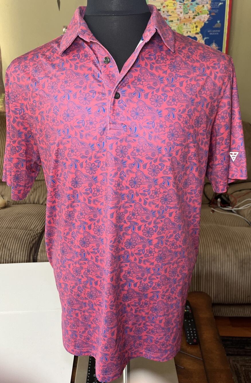 Maelreg Performance Golf Polo Men’s Size Med Pink With Blue Paisley Print